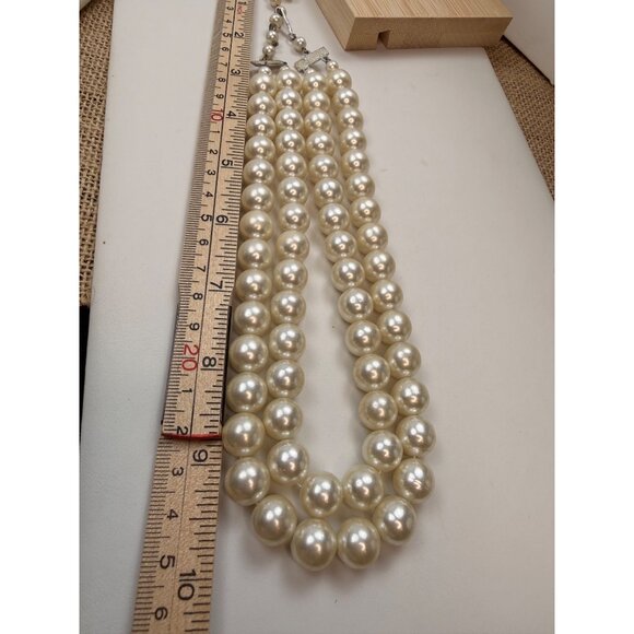 Signed JAPAN Double Strand Faux Pearl Necklace With Rhinestone Clasp - 20" Elega - Picture 4 of 12